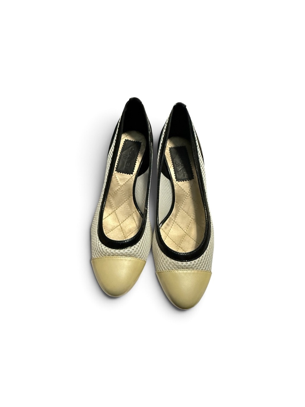 CHANEL Two-Tone Beige and Black Cap-Toe Ballet Flats